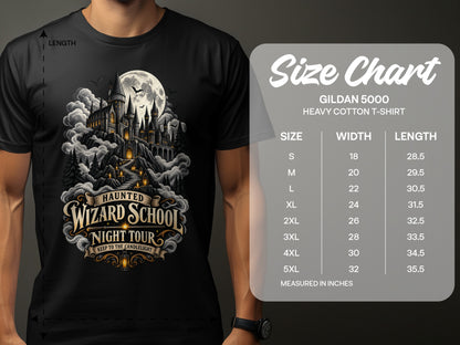 Black t-shirt with "Haunted Wizard School Night Tour" graphic and Gildan 5000 size chart.