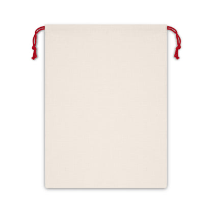 Cream colored drawstring bag with red pull ties on white background.