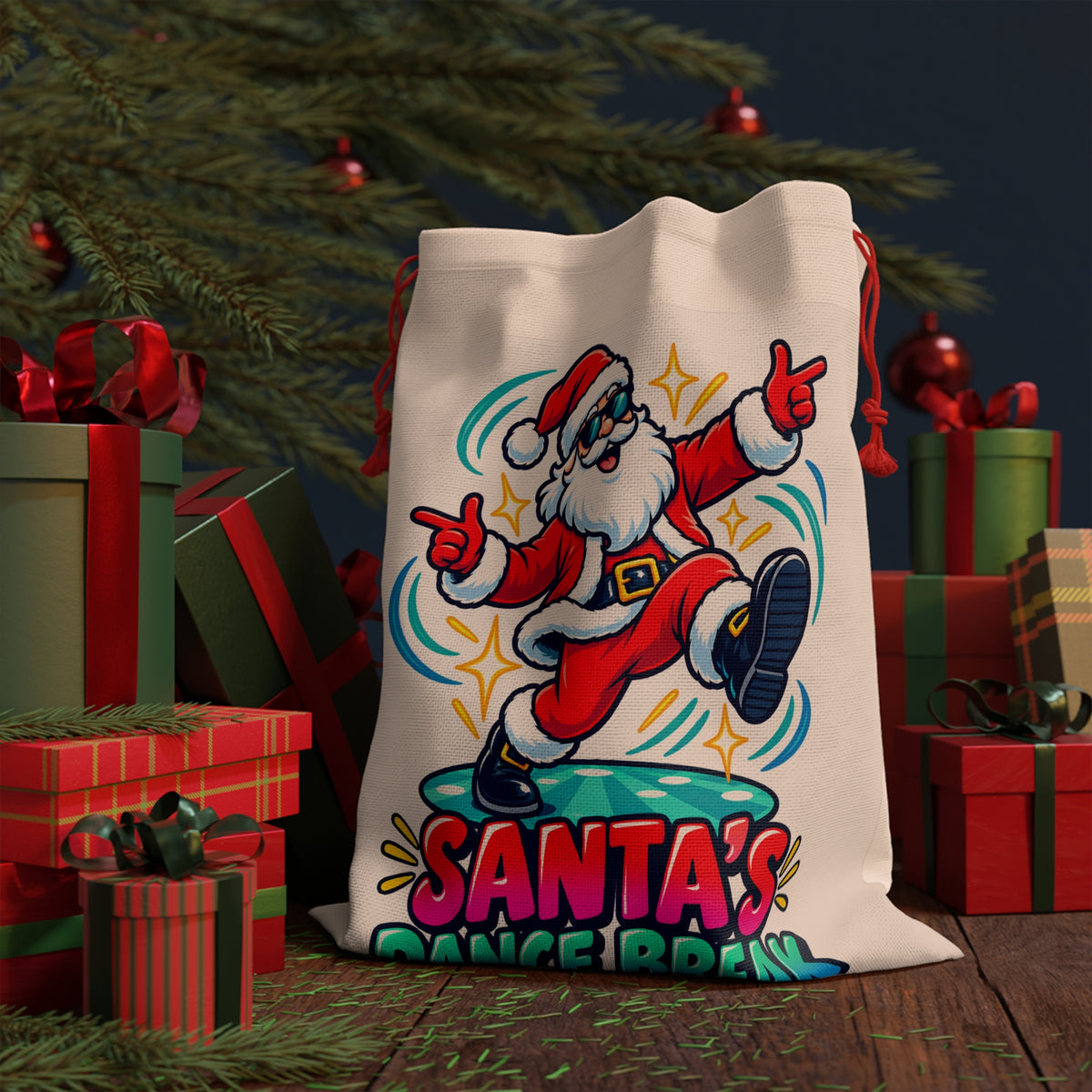 Cream Santa bag with "Santa's Dance Break" text and a dancing Santa graphic.