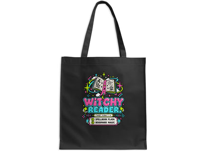 Black tote bag with "Witchy Reader" text and dictionary definition.