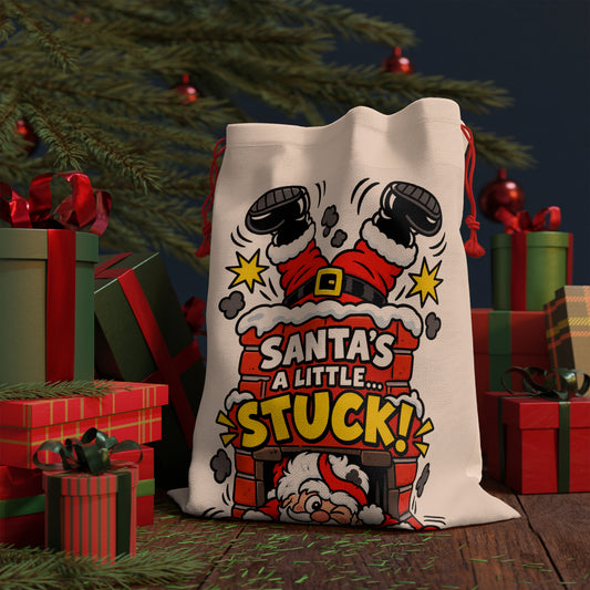 Christmas sack with a cartoon of Santa stuck in a chimney.