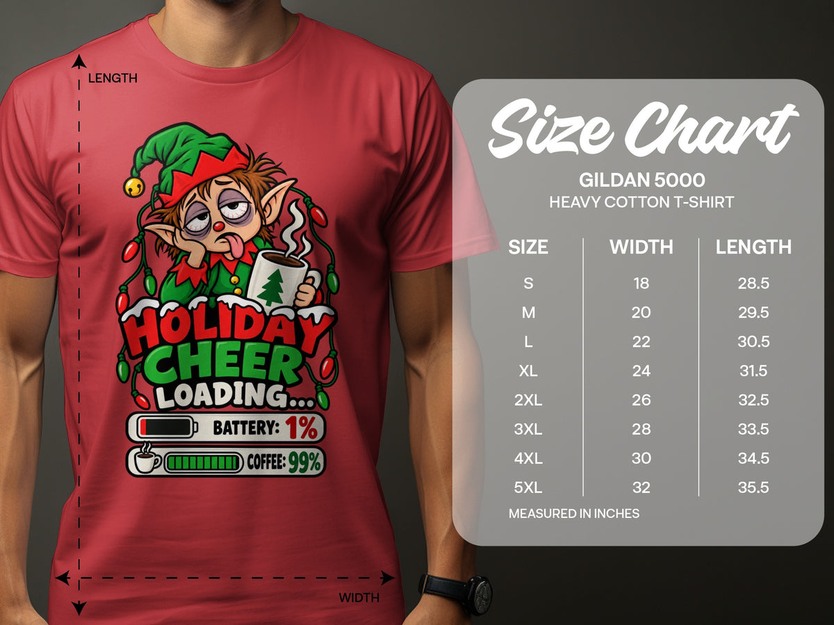 Red t-shirt with elf graphic and size chart for Gildan 5000 heavy cotton t-shirt.