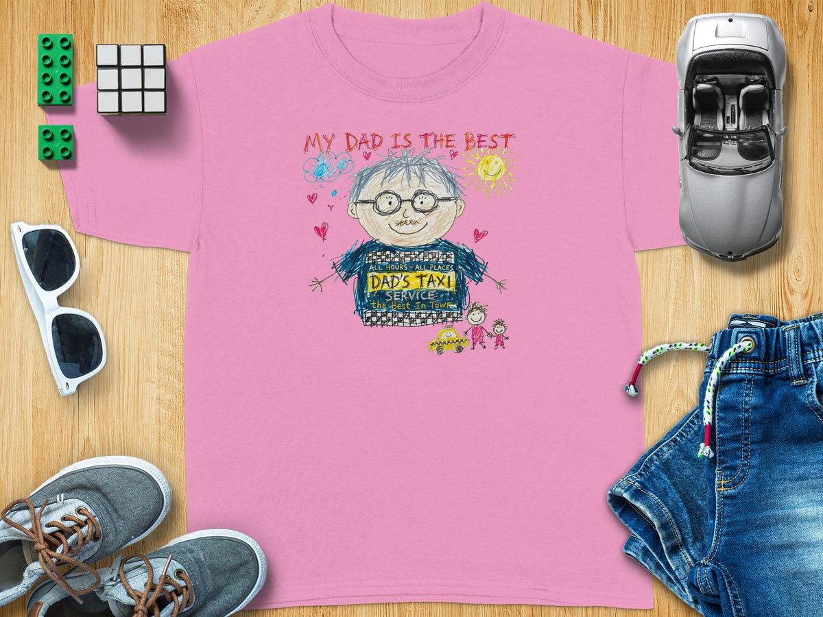 Pink t-shirt with child's drawing of a dad and "My Dad is the Best" text.