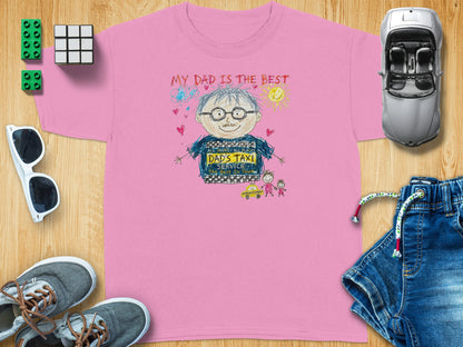 Pink t-shirt with child's drawing of a dad and "My Dad is the Best" text.