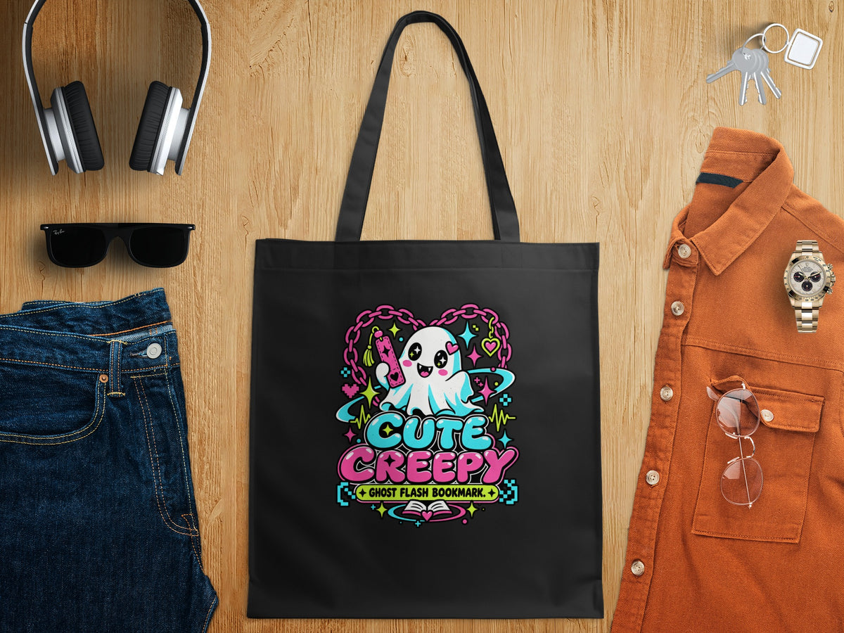 Black tote bag with "Cute Creepy Ghost Flash Bookmark" design.