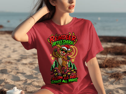 Red t-shirt with "Reindeer After Dark" and "Sleigh All Day, Chaos All Night" text and graphics.
