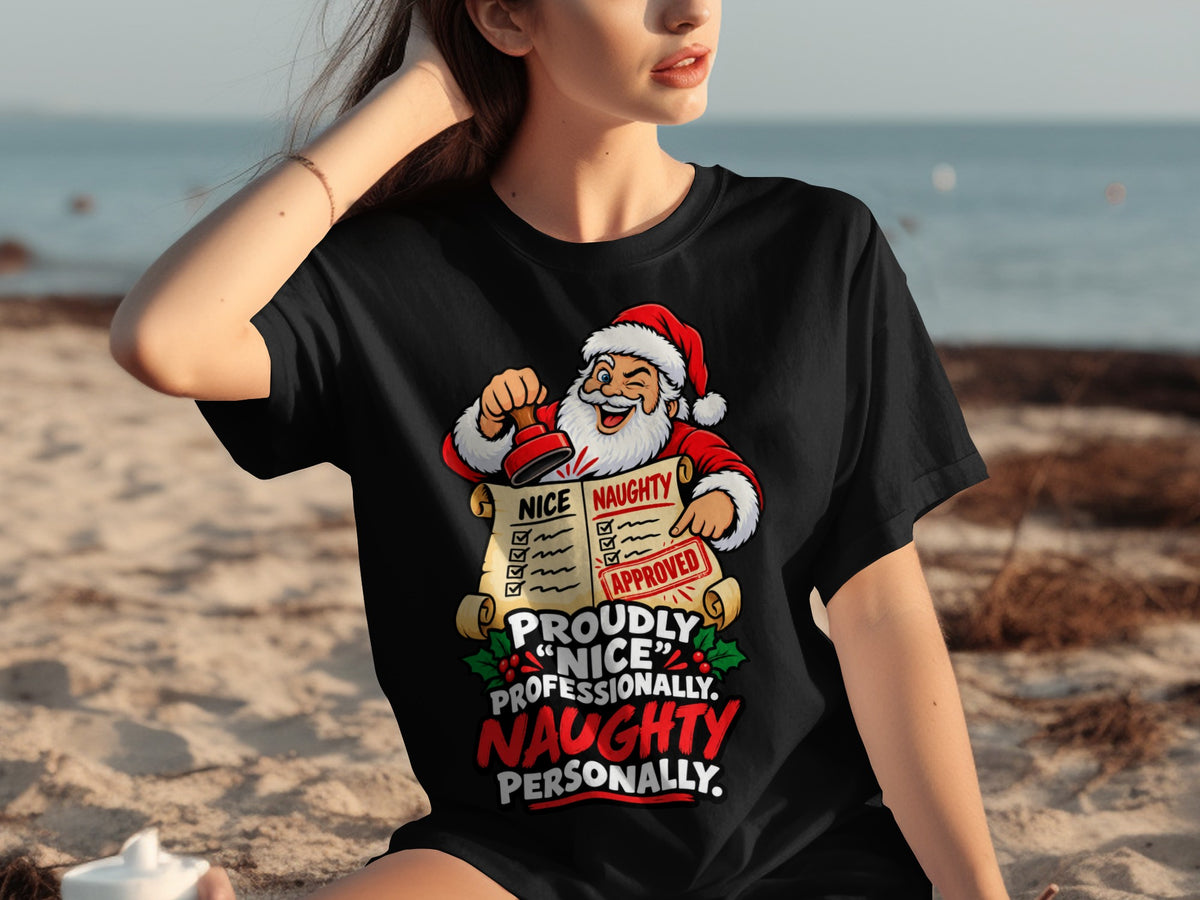 Black t-shirt with Santa stamping a naughty and nice list "APPROVED".
