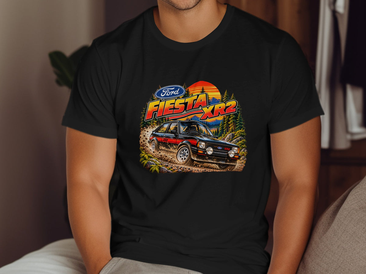 Ford Fiesta XR2 rally car graphic with sunset and pine trees on a black t-shirt.