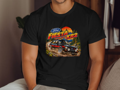 Ford Fiesta XR2 rally car graphic with sunset and pine trees on a black t-shirt.