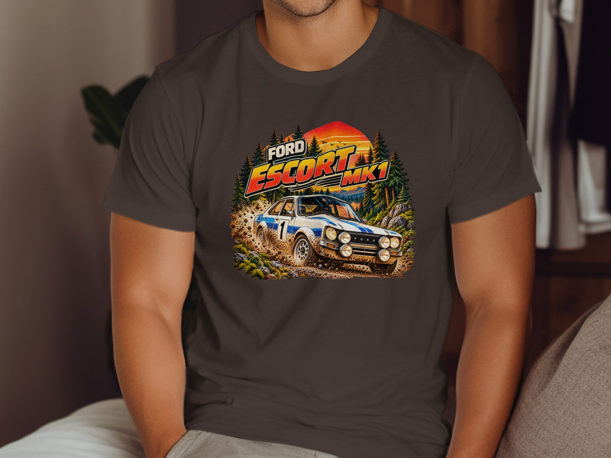 Graphic of a white and blue Ford Escort Mk1 rally car driving on a dirt track.