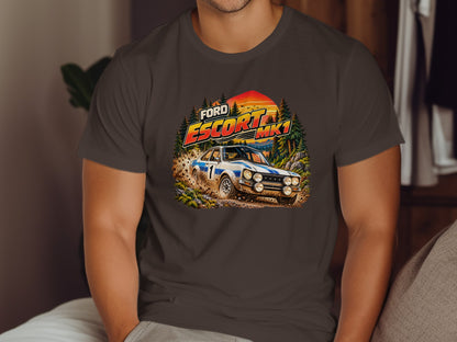 Graphic of a white and blue Ford Escort Mk1 rally car driving on a dirt track.