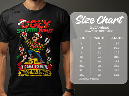 Ugly Sweater Night t-shirt graphic with size chart for Gildan 5000 heavy cotton shirt.