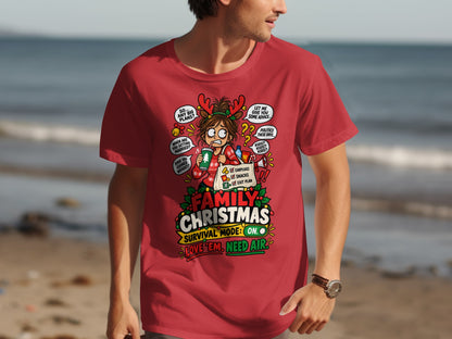 Red t-shirt with Family Christmas Survival Mode graphic featuring a stressed woman.