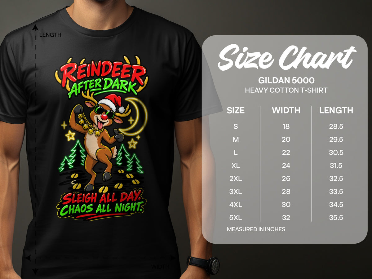 Christmas reindeer graphic t-shirt with "Reindeer After Dark" and size chart.