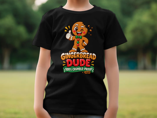 Black t-shirt with gingerbread man and text "Gingerbread Dude 100% Crumble-Proof".