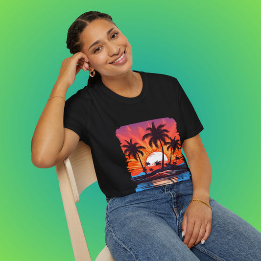 Tropical island sunset seen shirt image 0