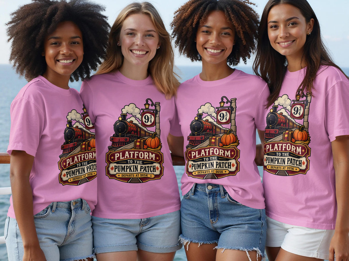 Four women wear pink t-shirts with a "Platform to the Pumpkin Patch" graphic.
