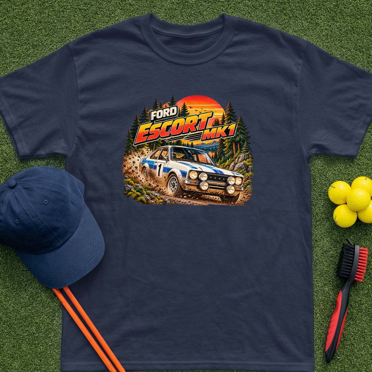 Ford Escort MK1 rally car driving through mud with retro sunset graphic.