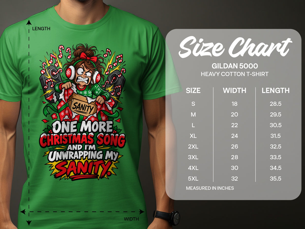 Green t-shirt with cartoon art and a Gildan 5000 heavy cotton t-shirt size chart.