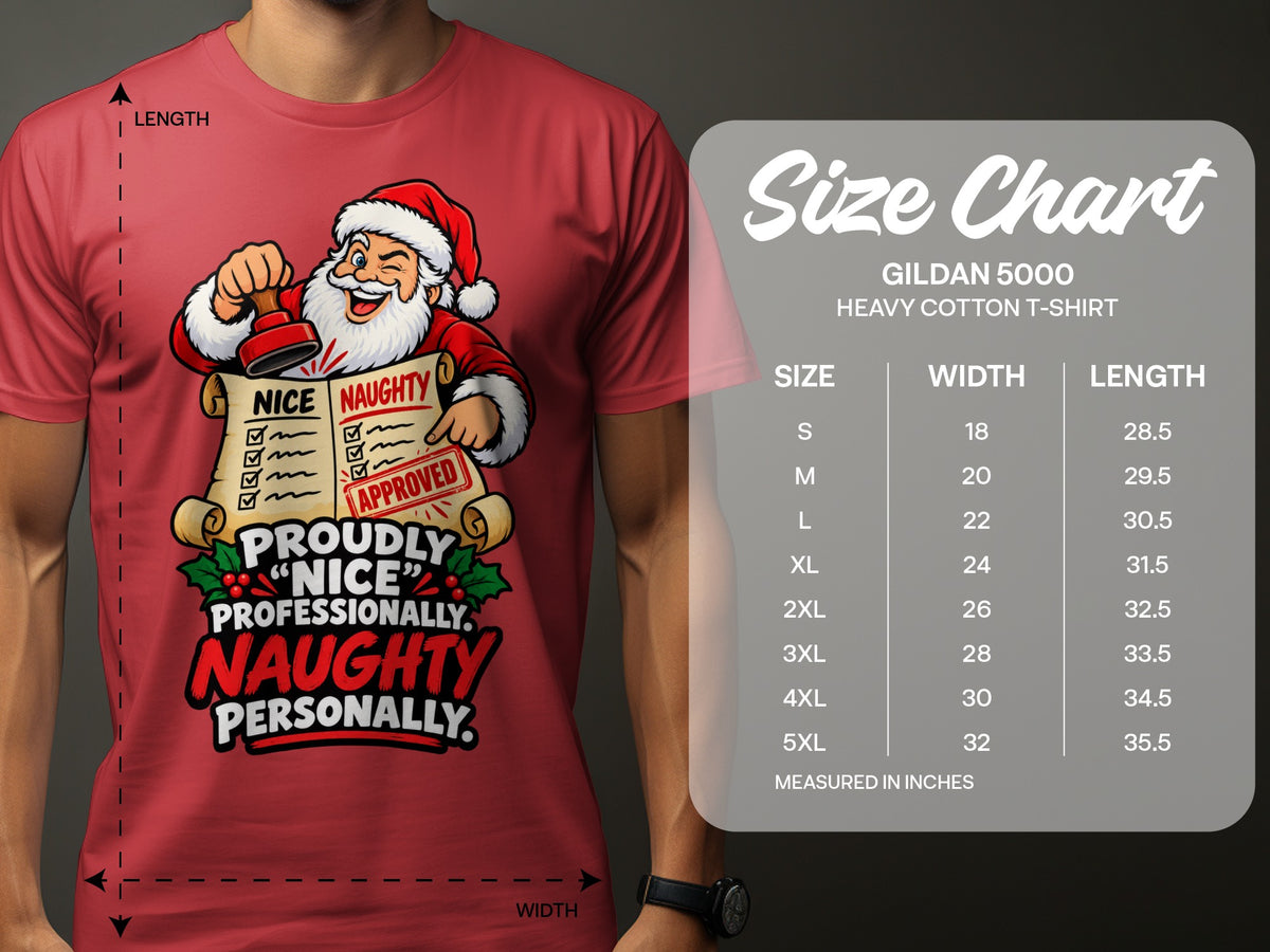 Red t-shirt with Santa approving a "Naughty" list and size chart.