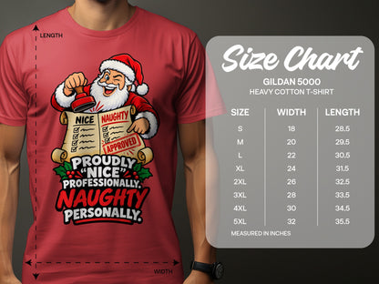 Red t-shirt with Santa approving a "Naughty" list and size chart.