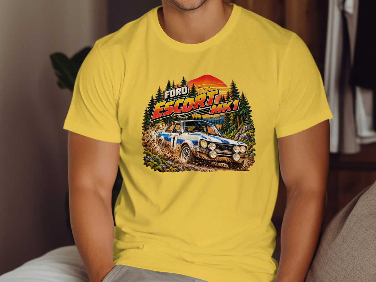 Rally car graphic with "Ford Escort Mk1" text on a yellow t-shirt.