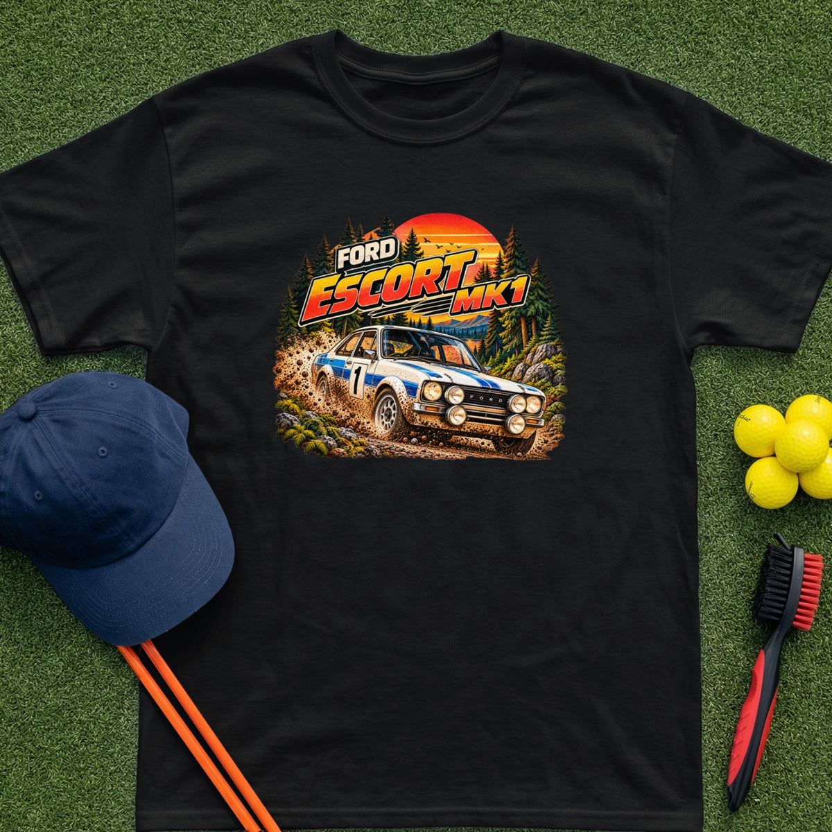 Black t-shirt graphic featuring a white Ford Escort Mk1 rally car on a dirt road.