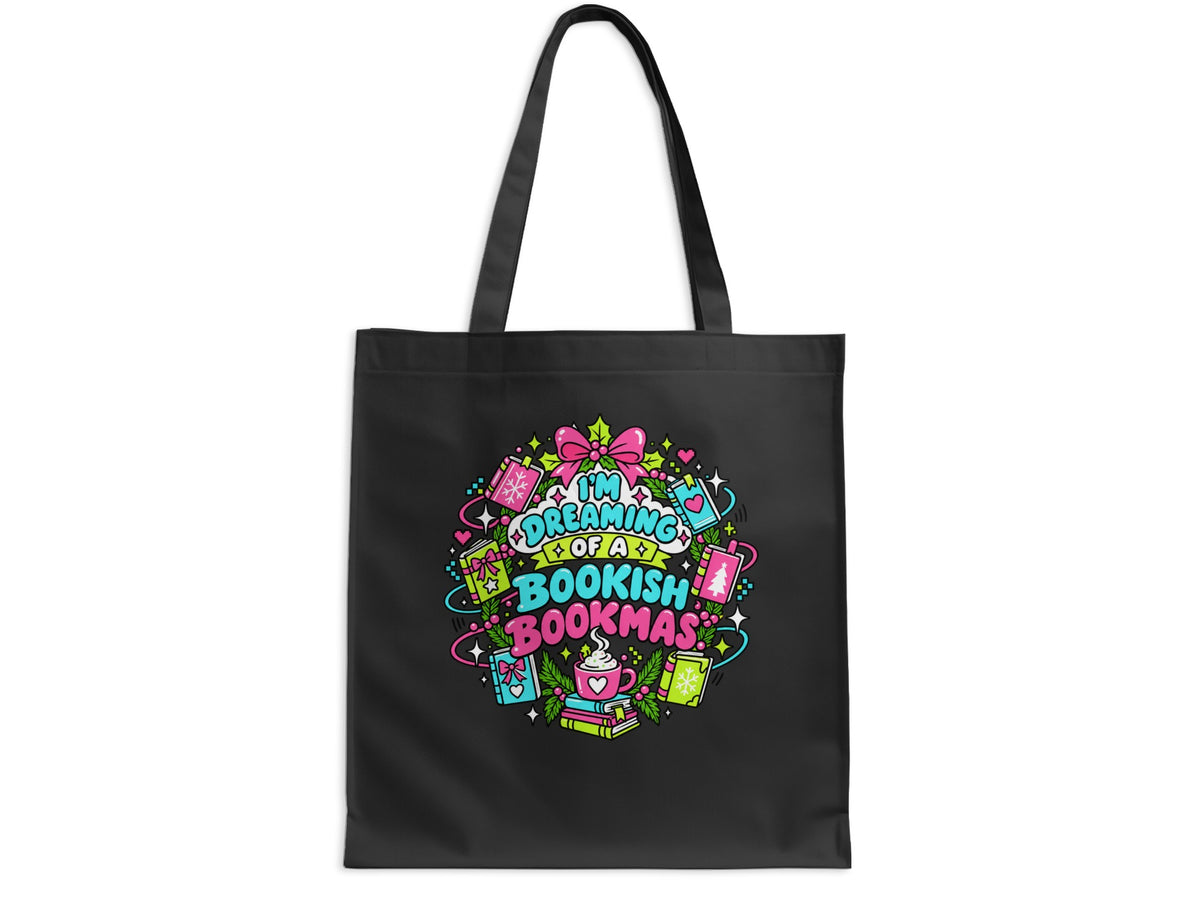Black tote bag with "I'm Dreaming of a Bookish Bookmas" text and festive book illustrations.