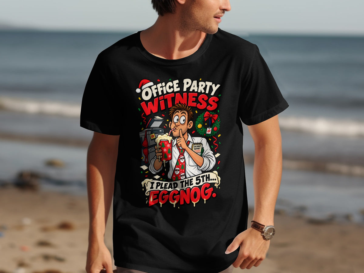 Office party witness shirt with cartoon man drinking eggnog and text "I plead the 5th... Eggnog".
