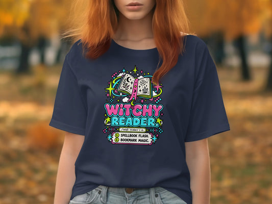 Navy t-shirt with "Witchy Reader" text and magical book graphics.