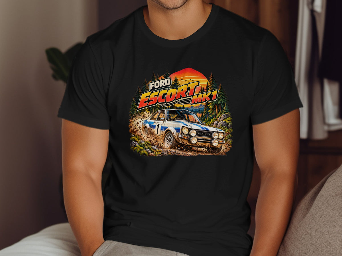 Ford Escort MK1 rally car racing through dirt and trees at sunset.