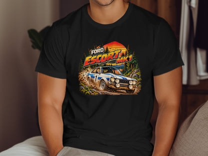 Ford Escort MK1 rally car racing through dirt and trees at sunset.