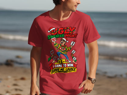 Red t-shirt with "Ugly Sweater Night" and winning text graphic.