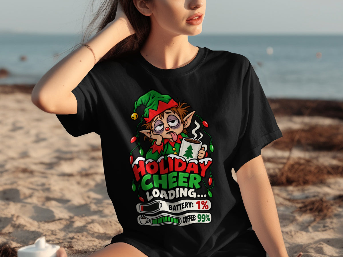 Elf graphic with text "Holiday Cheer Loading," battery at 1%, coffee at 99%.