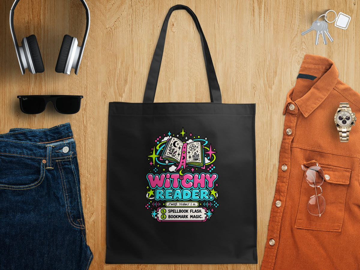 Black tote bag with "Witchy Reader" text and witchy graphics.