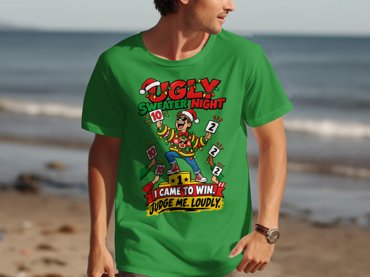 Green t-shirt with "UGLY SWEATER NIGHT" and man judging.