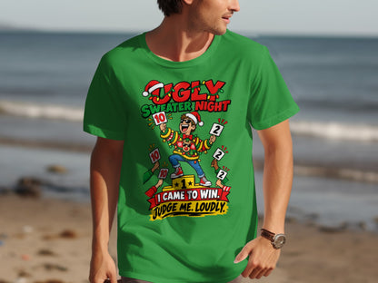 Green t-shirt with "UGLY SWEATER NIGHT" and man judging.