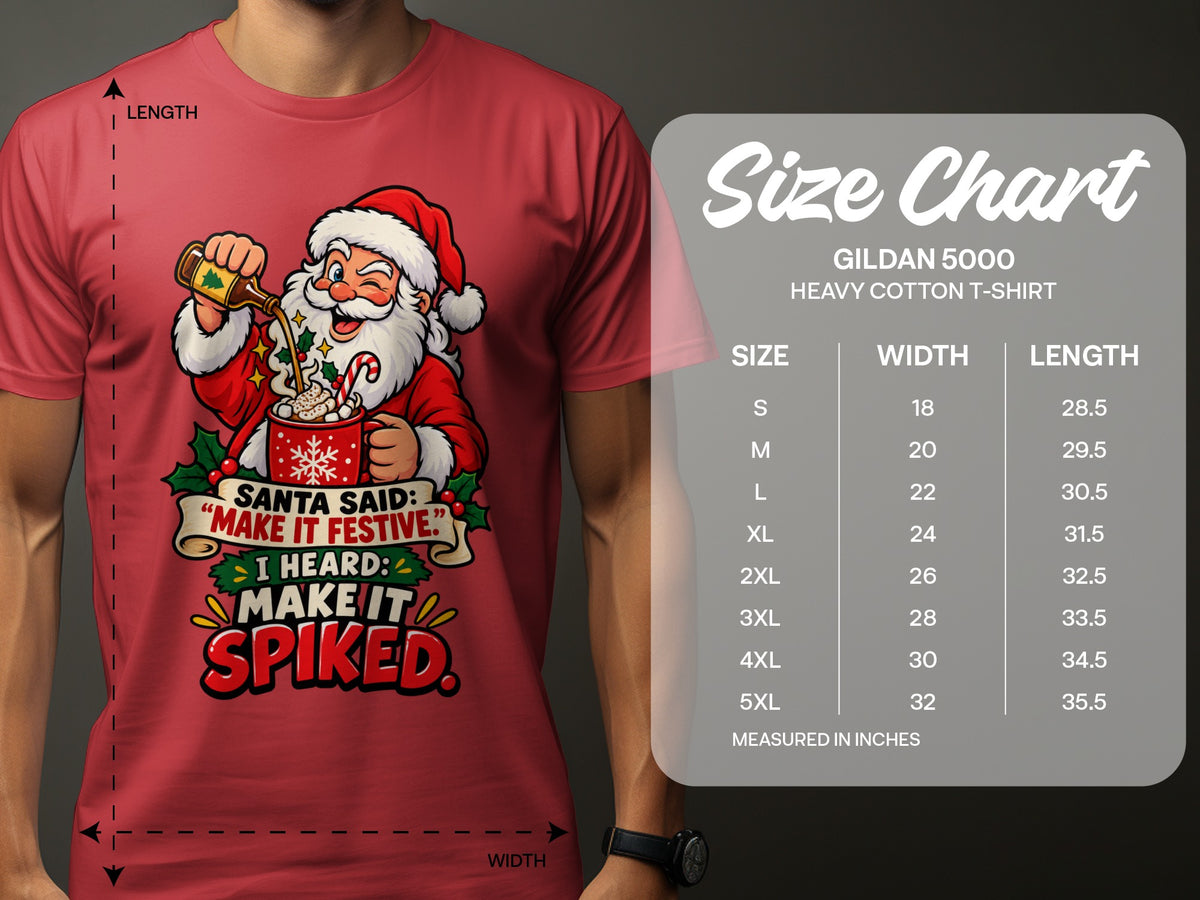Red t-shirt with Santa making a spiked drink, and a Gildan 5000 size chart.
