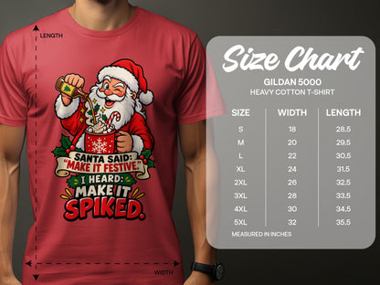 Red t-shirt with Santa making a spiked drink, and a Gildan 5000 size chart.