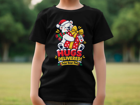 Black t-shirt with a polar bear wearing a Santa hat and scarf, holding a gift.