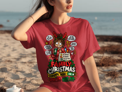 Red t-shirt with Family Christmas Survival Mode graphic featuring a stressed cartoon character and survival items.