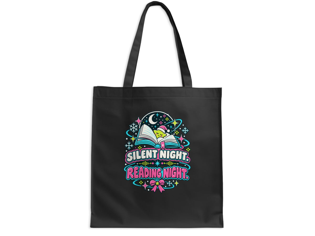 Black tote bag with "Silent Night, Reading Night" text and a festive reading owl.