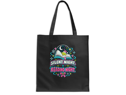 Black tote bag with "Silent Night, Reading Night" text and a festive reading owl.