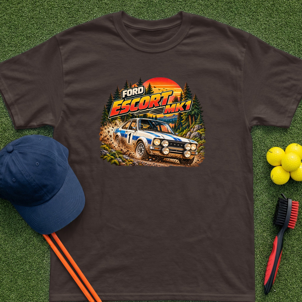 Ford Escort Mk1 rally car on a dirt track with trees and sunset graphic.