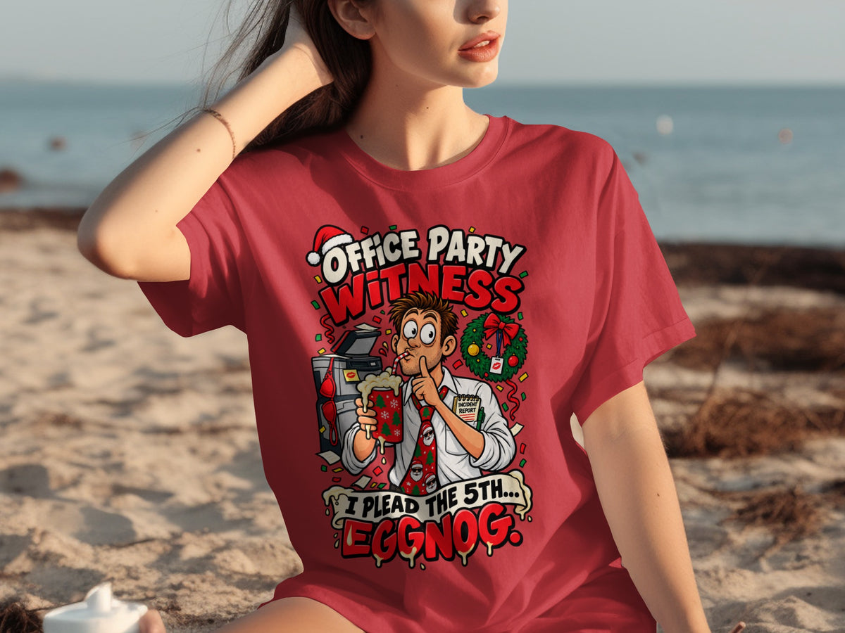 Red t-shirt with "Office Party Witness" and "I Plead The 5th... Eggnog" cartoon.