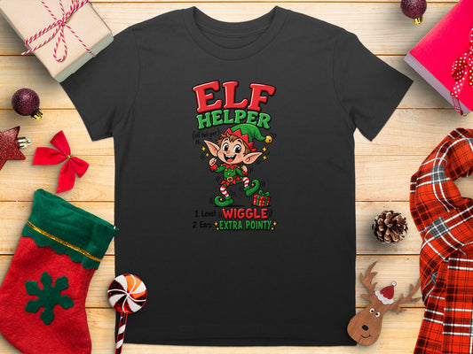 Black t-shirt with "ELF HELPER" text and cartoon elf illustration.