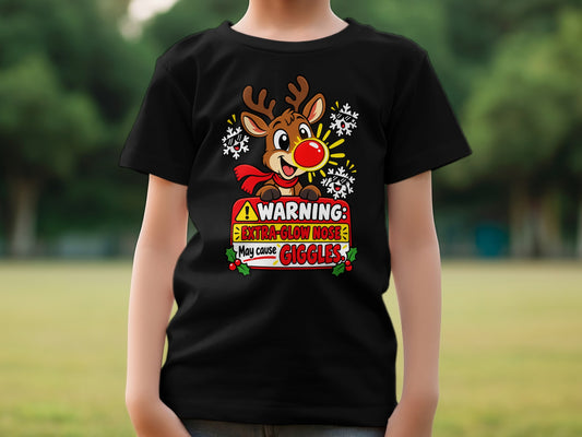 Black t-shirt with cartoon reindeer graphic reading "WARNING: EXTRA-GLOW NOSE May cause GIGGLES."