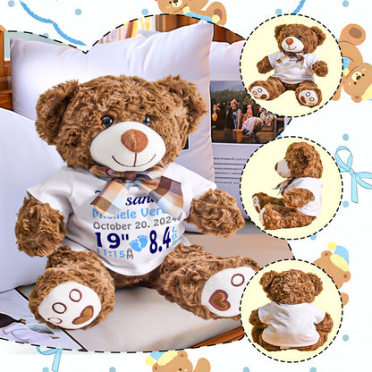 Personalized Bear Plush Stuffed Toy Birth Announcement Gift for Baby Shower