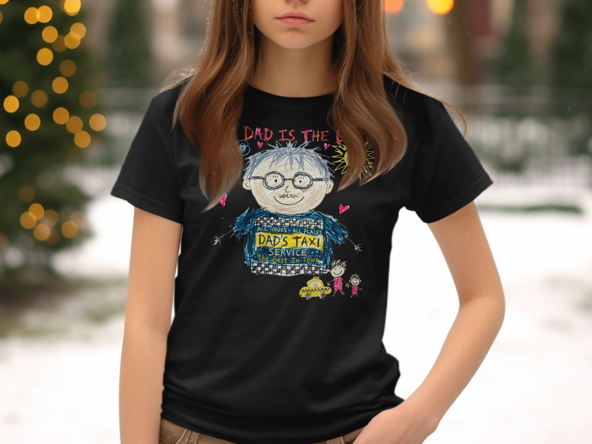 Black t-shirt with child's drawing of dad, taxi, and children.