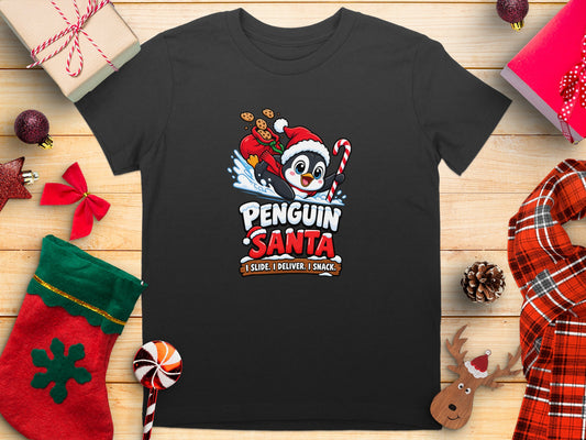 Black t-shirt with "Penguin Santa" graphic and phrase "I Slide. I Deliver. I Snack."